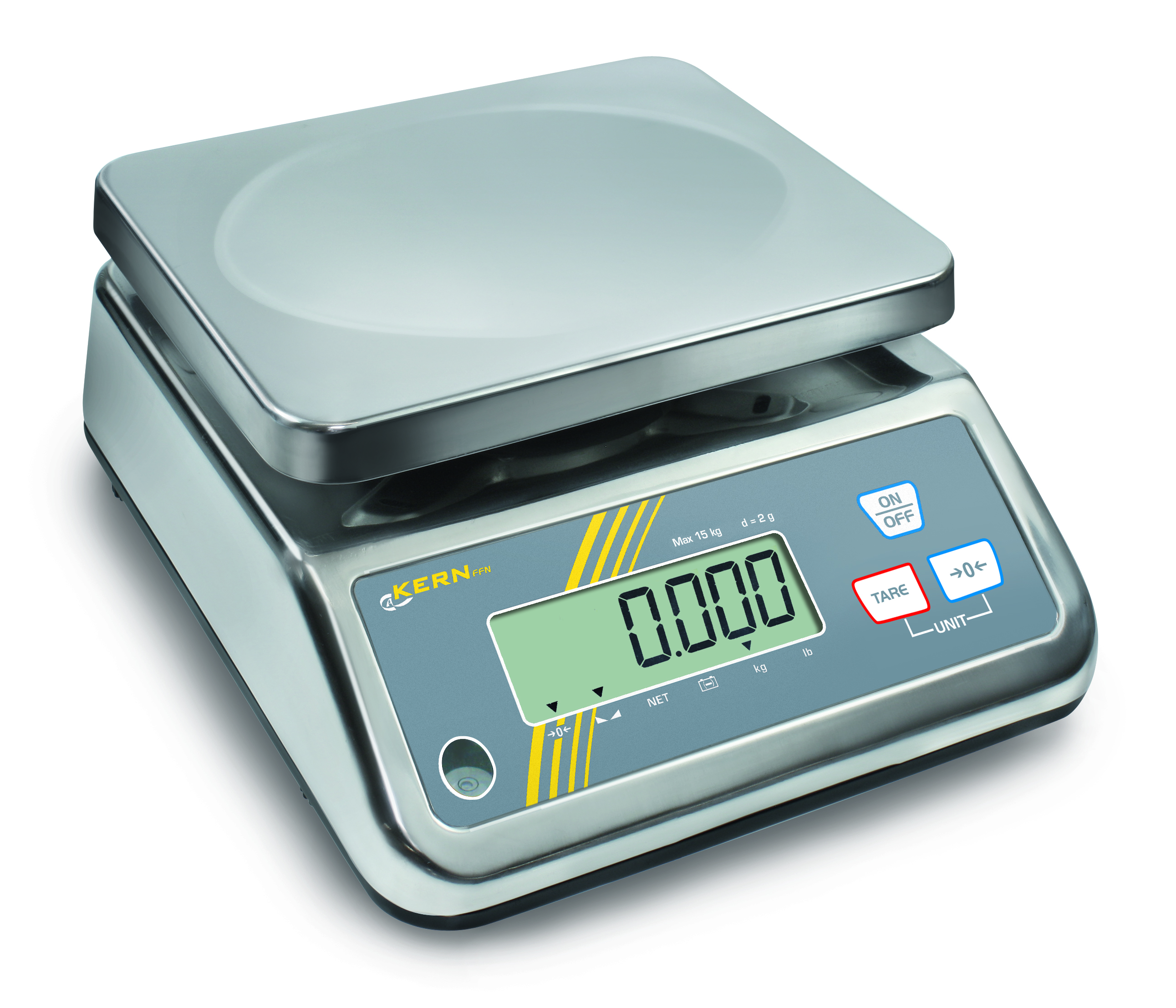 FFN 25K5IPN FFN 25K5IPN Compacte weegschaal 0,005 kg : 25 kg FFN 25K5IPN Compacte weegschaal 0,005 kg : 25 kg Stevige, ruimtebesparende tafelweegschaal, beschermd door edelstaal en beschermingsklasse IP65, ook met ijkgoedkeuring [M] .  Geschikt voor levensmiddelenindustrie.  Geschikt voor ruwe industriële toepassingen. Conform HACCP-kwaliteitssysteem. Grote mobiliteit: dankzij batterijvoeding, compacte constructie en laag eigen gewicht geschikt voor gebruik op meerdere plaatsen zoals productie, keuken, verkoopruimte enz.. Door edelstaal beschermde behuizing, daardoor roestvrij en gemakkelijk te reinigen. Uitsparingen aan de onderkant voor het gemakkelijk verplaatsen van de weegschaal.  IP65: Bescherming tegen vuil en water (alleen met accuvoeding)| img-hr-ffn-n.jpg