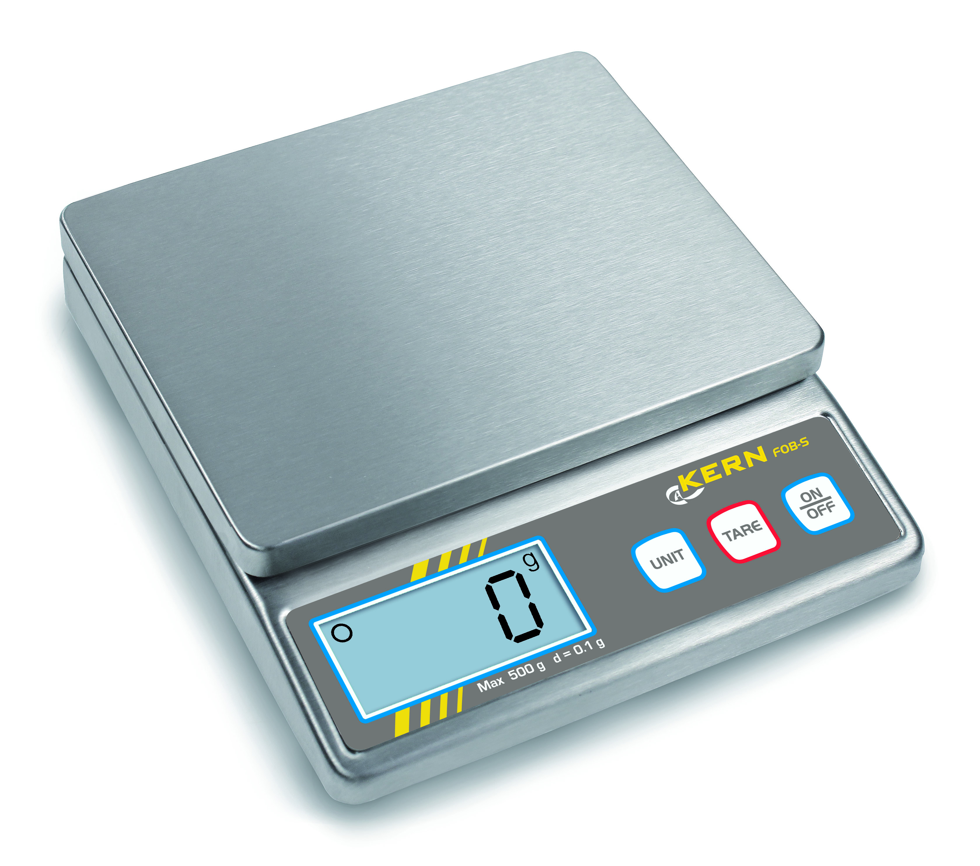 FOB 5K1S FOB 5K1S Compacte weegschaal 1 g : 5000 g FOB 5K1S Compacte weegschaal 1 g : 5000 g Preiswerte Edelstahlwaage in kompakter Bauform  . Behuizing en weegplateau van edelstaal. Gladde oppervlakken, daardoor gemakkelijk te reinigen. Conform HACCP-kwaliteitssysteem. Grote mobiliteit: dankzij compacte, vlakke constructie en laag eigen gewicht geschikt voor gebruik op meerdere plaatsen (keuken, verkoopruimte, marktkraam enz.). Veilige en tegen wegglijden beveiligde opstelling door rubberen pootjes. Startklaar: batterijen 9 V Block standaard, bedrijfsduur ca. 20 h| img-hr-fob-s.jpg