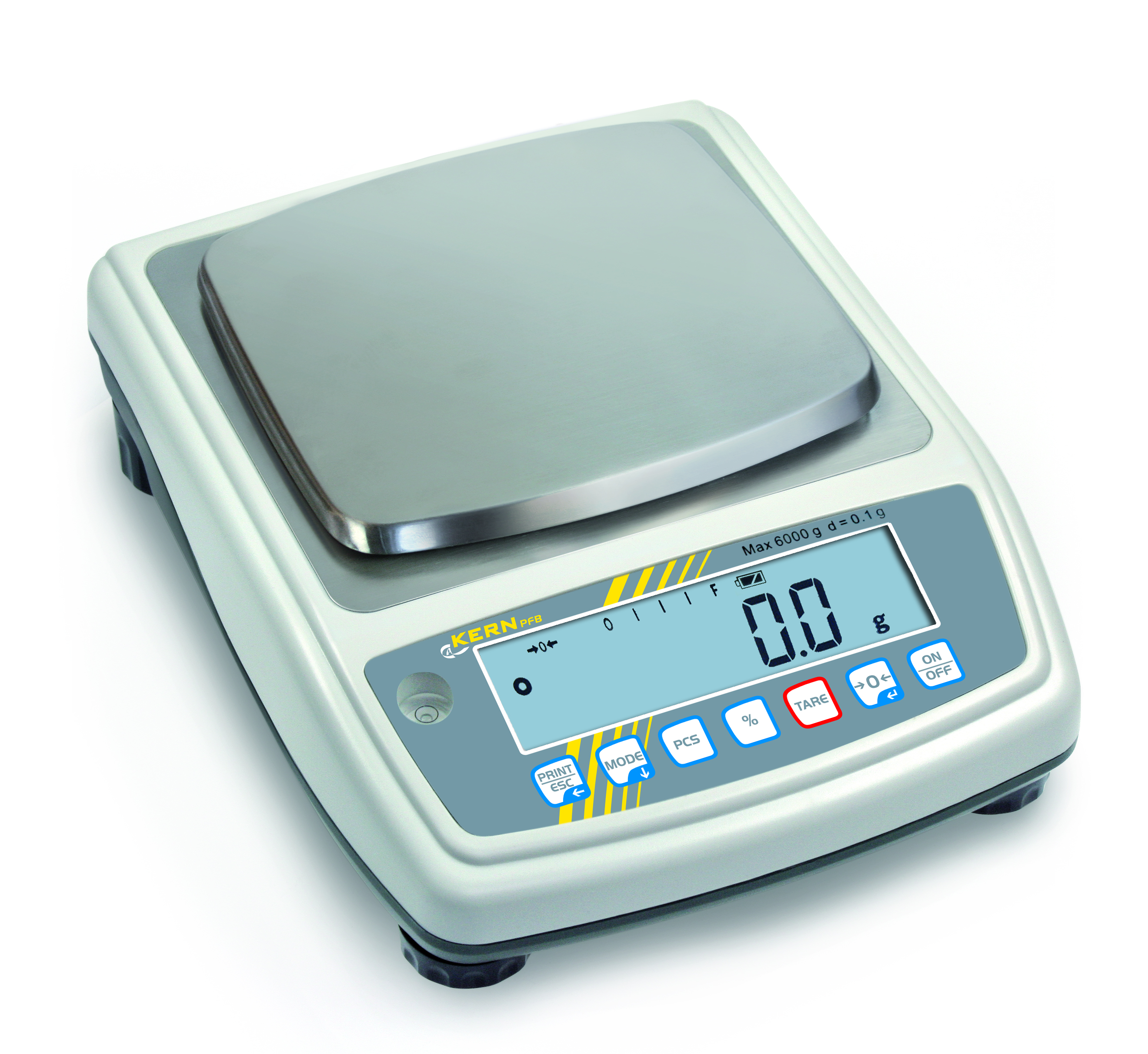 PFB 6000-1 PFB 6000-1 Precisieweegschaal 0,1 g : 6 kg PFB 6000-1 Precisieweegschaal 0,1 g : 6 kg Snelle precisieweegschaal met comfortabele bediening en ijkgoedkeuring . Comfortabele bedieningsfilosofie: Alle hoofdfuncties hebben een eigen toets op het bedieningspaneel. Compacte afmetingen van voordeel bij beperkte ruimte. Capaciteitsaanduiding: Een oplopende lichtband geeft het nog beschikbare weegbereik aan. Waterpas en stelschroeven voor het precies waterpas zetten van de weegschaal standaard, daardoor zeer nauwkeurige weegresultaten. Windbescherming standaard (voor modellen met weegplateau afmeting  en ). weegruimte BxDxH 158x143x64 mm.  Afzonderlijk tweede display standaard voor modellen PFB 600-1M en PFB 6000-0M. Geschikt voor open verkooppunten. IJkwaarde komt overeen met de afleesbaarheid. Groot LCD-scherm met achtergrondverlichting, Cijferhoogte 16 mm. Interfacekabel voor de weegschaal, Kabellengte ca. 1 m, standaard. Afmetingen BxDxH 250x180x105 mm| img-hr-pfb-155x145mm.jpg