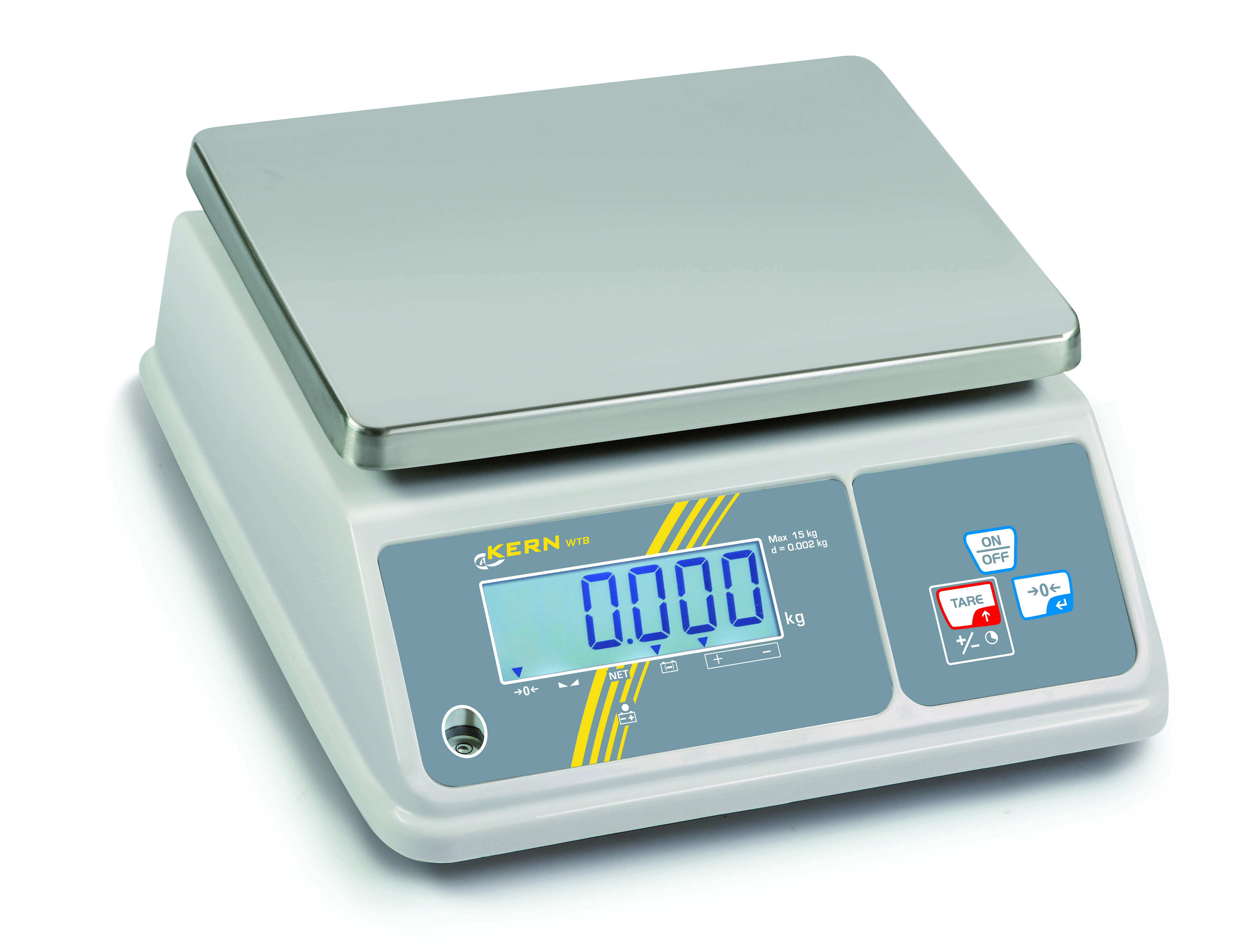 WTB 30K-2NM WTB 30K-2NM Compacte weegschaal 0,01 kg : 30 kg WTB 30K-2NM Compacte weegschaal 0,01 kg : 30 kg Zeer geschikt voor gebruik in de levensmiddelenindustrie dankzij IP65 en speciaal checkweighing-display . Geschikt voor de hogere eisen aan hygiëne in de voedings middelenindustrie. IP65: Bescherming tegen vuil en water (alleen met accuvoeding). Tweede display aan de achterzijde van de weegschaal. Uitsparingen aan de onderkant voor het gemakkelijk verplaatsen van de weegschaal. Innovatief wegen binnen een tolerantieband (checkweighing): de kleur van het display verandert afhankelijk van het weegresultaat (te licht/ok/te zwaar) en helpt zo bij het portioneren, doseren en sorteren. Grote mobiliteit dankzij werking op accu voeding (optioneel) en gering gewicht. Compacte afmetingen van voordeel bij beperkte ruimte| img-hr-wtb-n.jpg